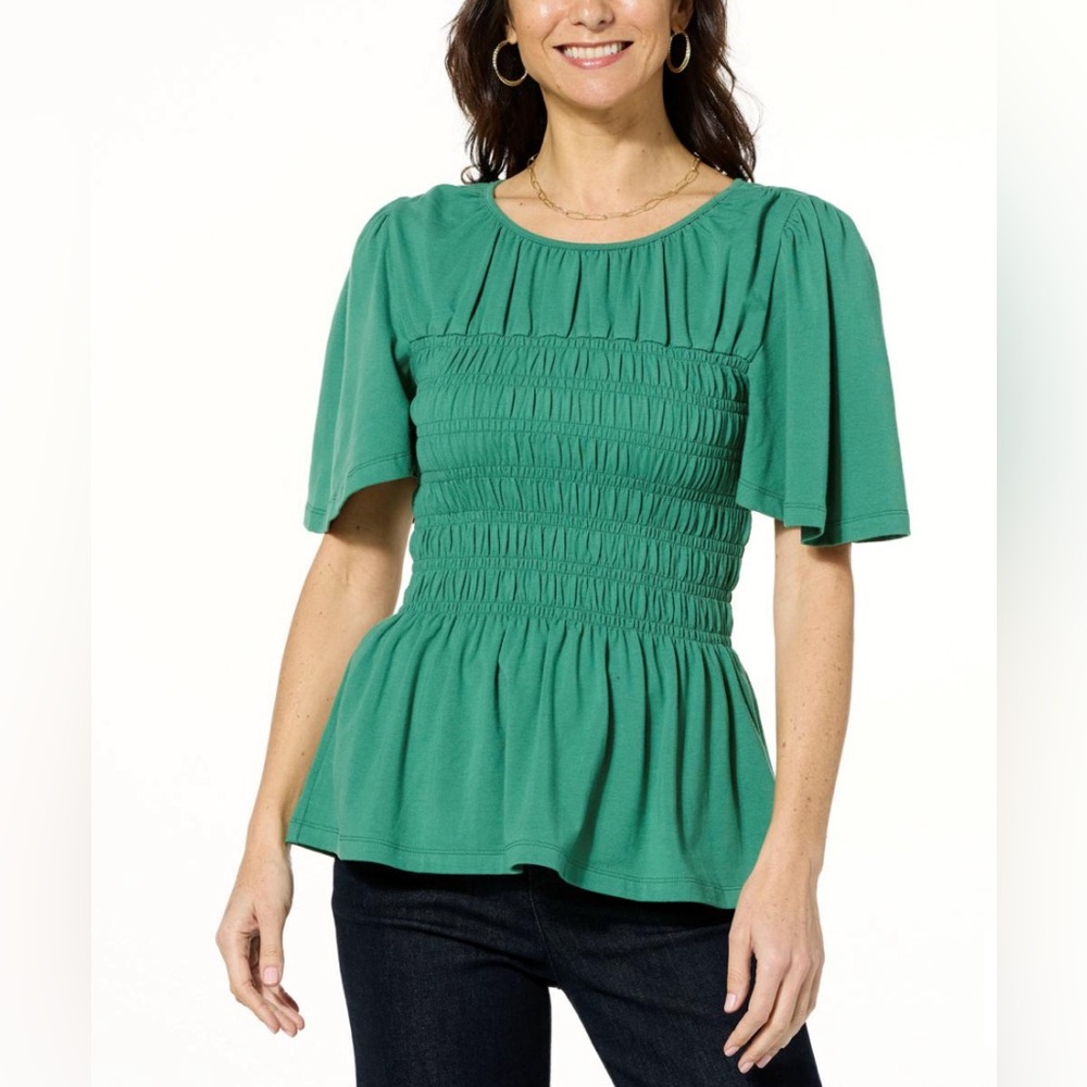DG2 by Diane Gilman Women’s Smocked Bodice Flutter-Sleeve Top Green Size M